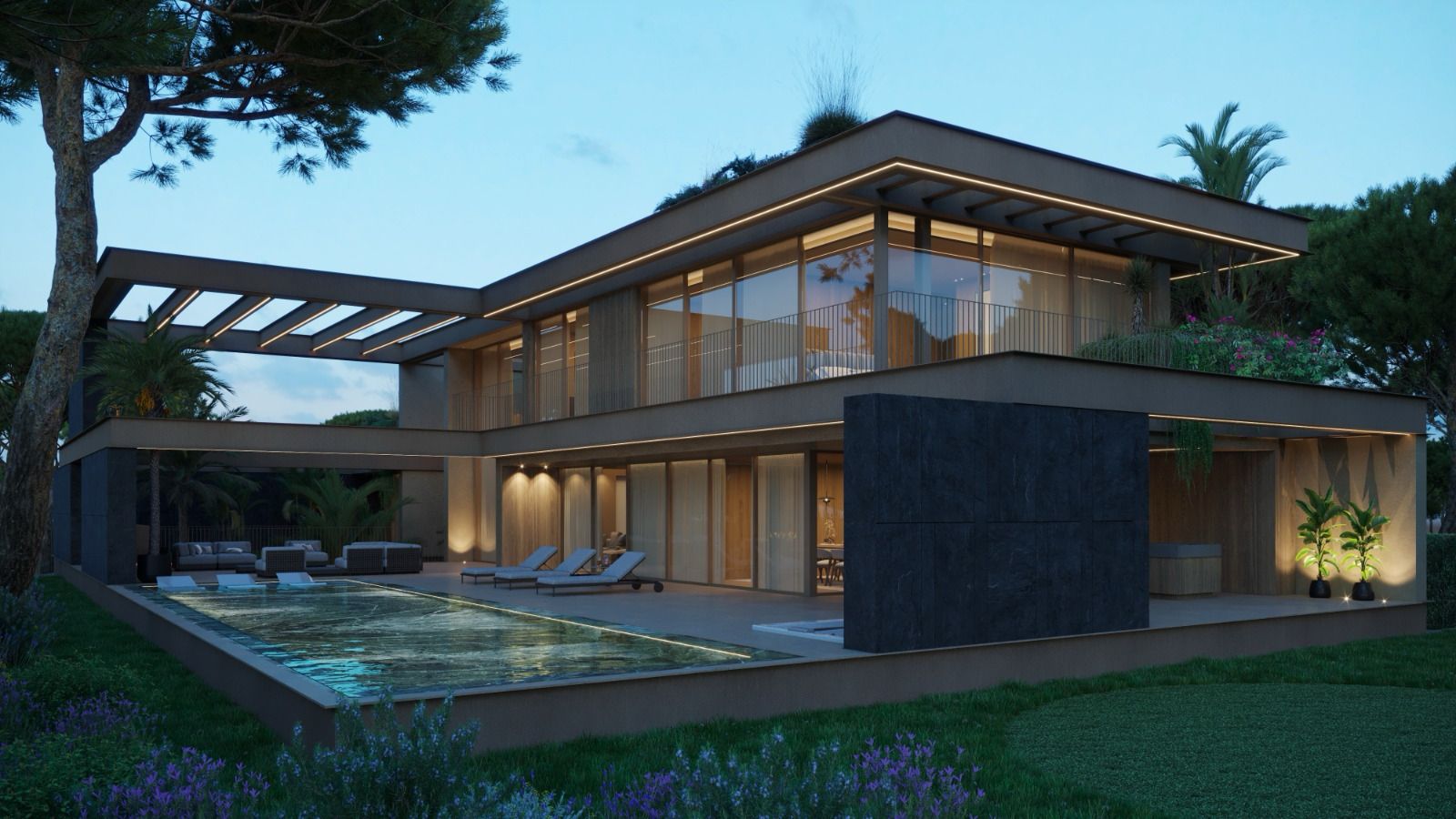 Moradia contemporânea com piscina, ao anoitecer