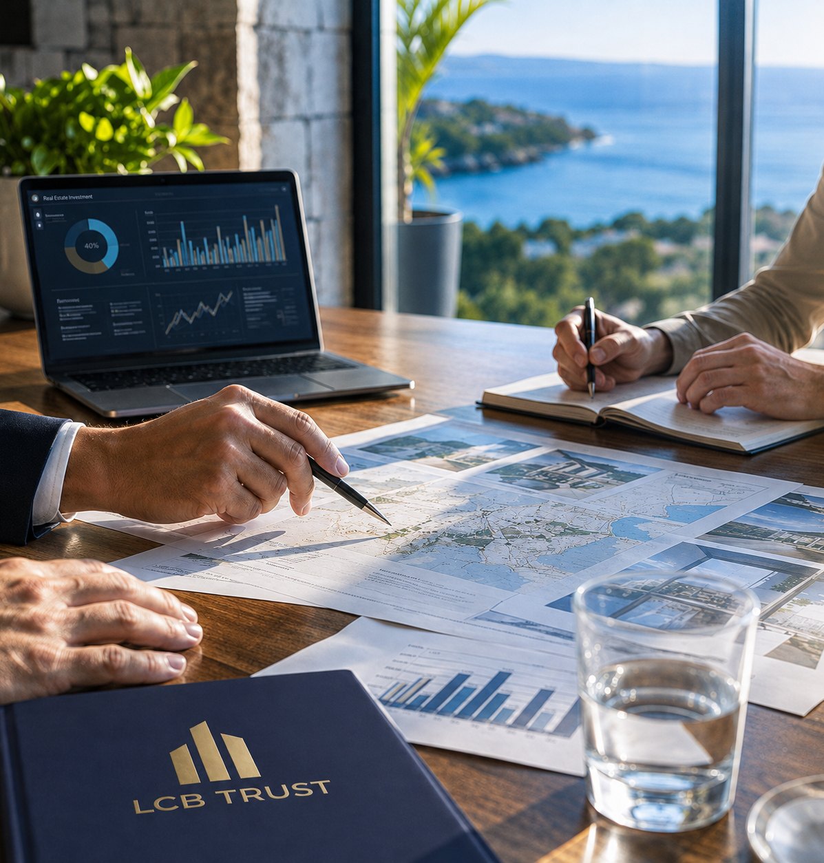 Duas pessoas analisam plantas e gráficos numa mesa, com vista para o mar