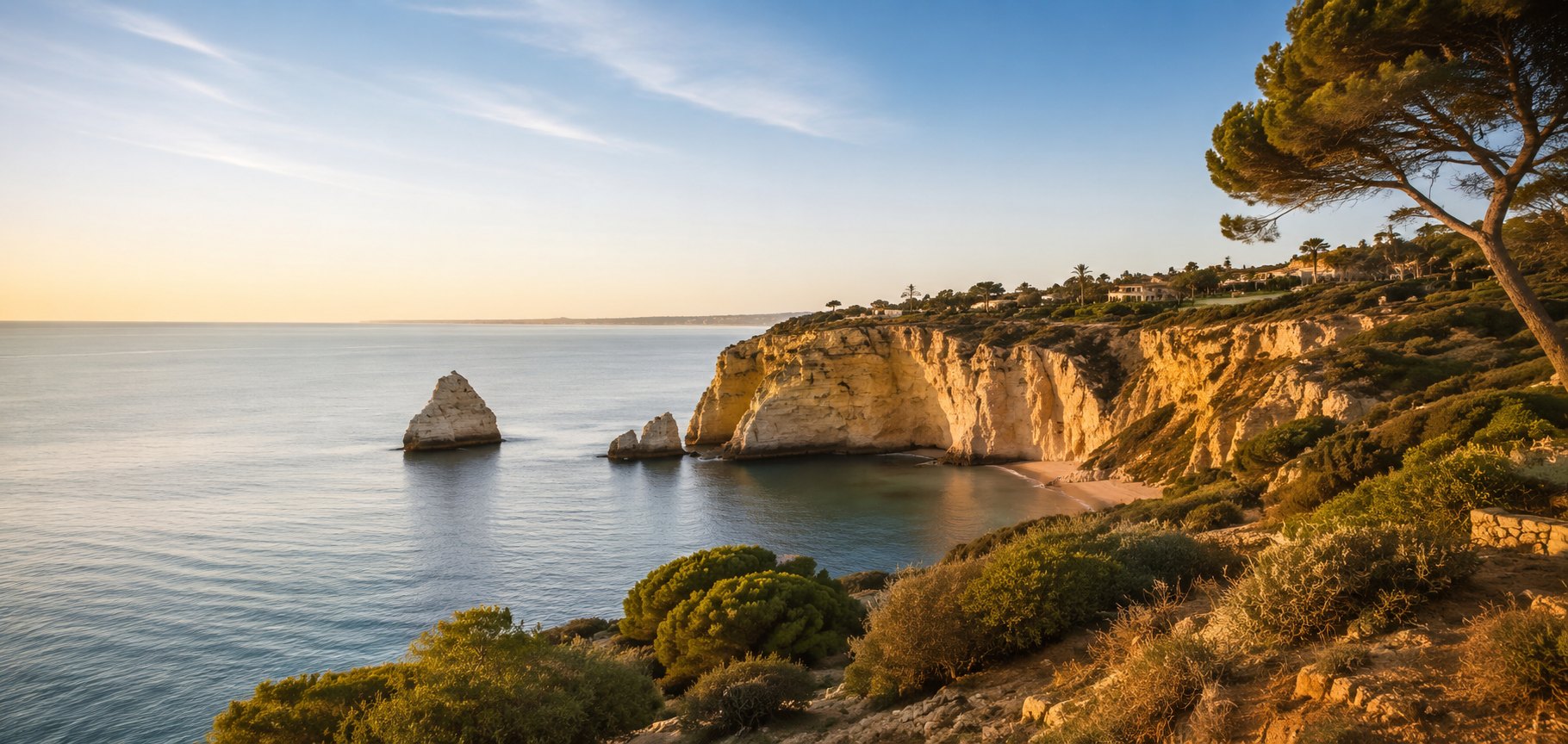 Falésias e rochedos na costa do Algarve, ao pôr do sol